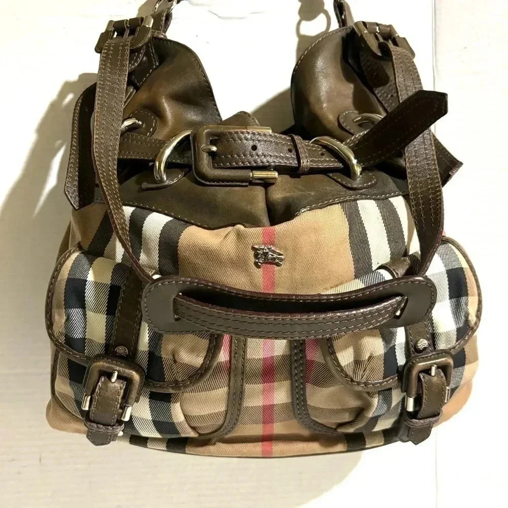 Burberry brown leather house check canvas monogram handbag - Picture 4 of 11
